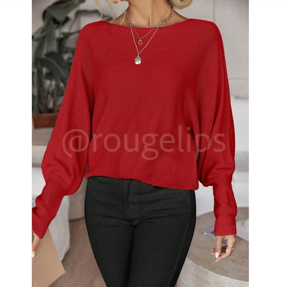 Red Boat Neck Light Knit Sweater Batwing Sleeve Loose Fit, Stretchy - Picture 4 of 8